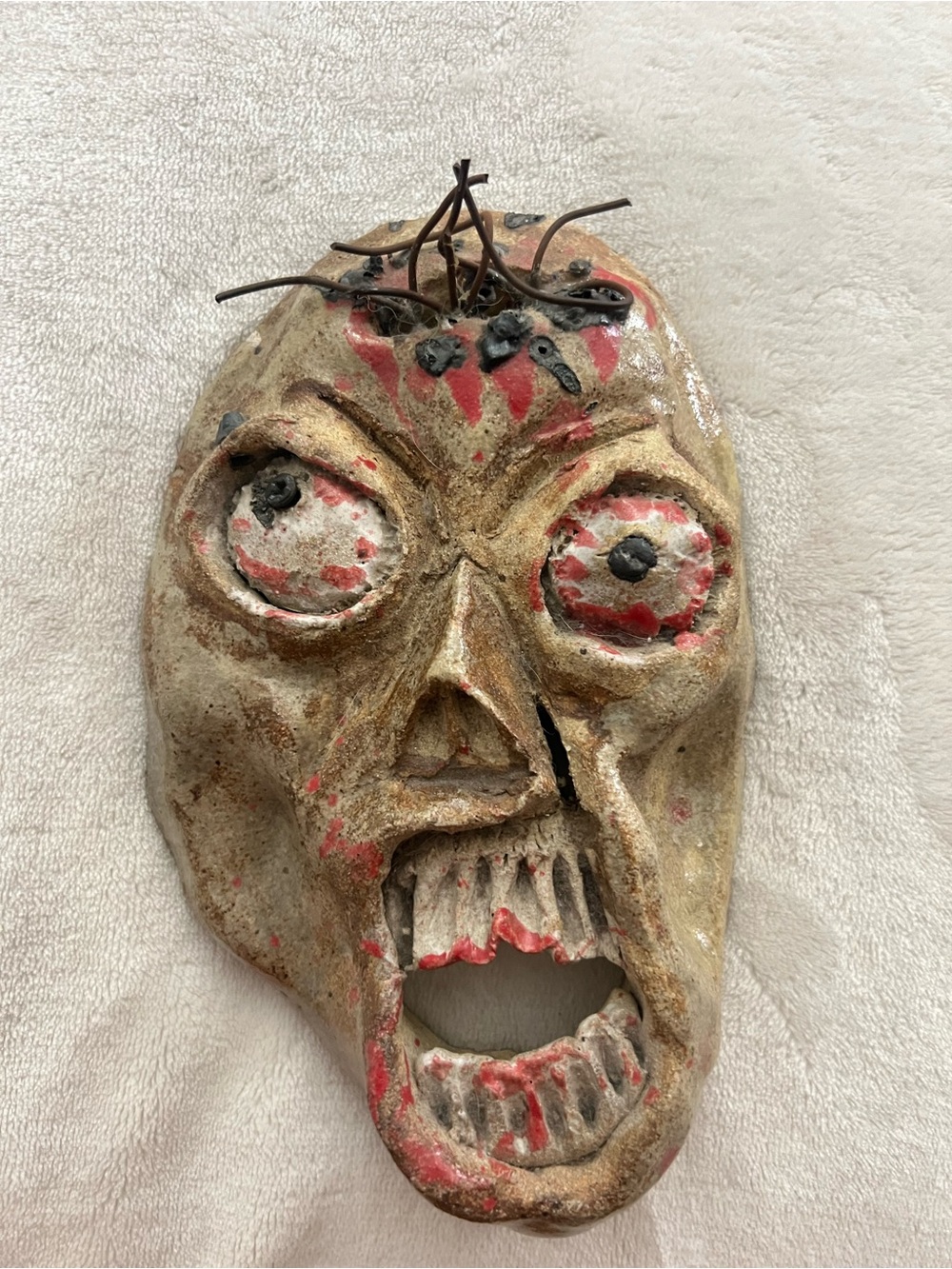 Ceramic Horror Mask Wall Sculpture in Beige and Red